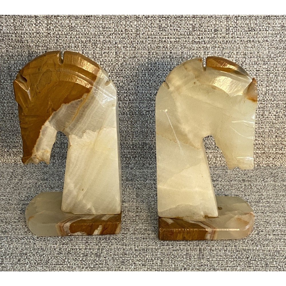 VTG Alabaster Horse Head Bookends – 6.5" Tall Stone Sculpture Pair – MCM Western